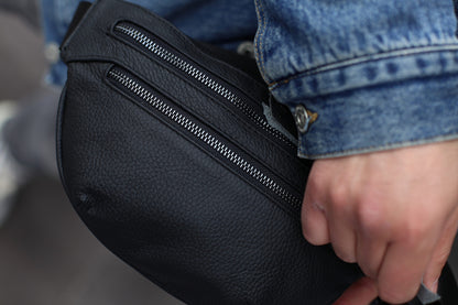 Handmade Mens Black Genuine Leather Waist Bag Banana Bag