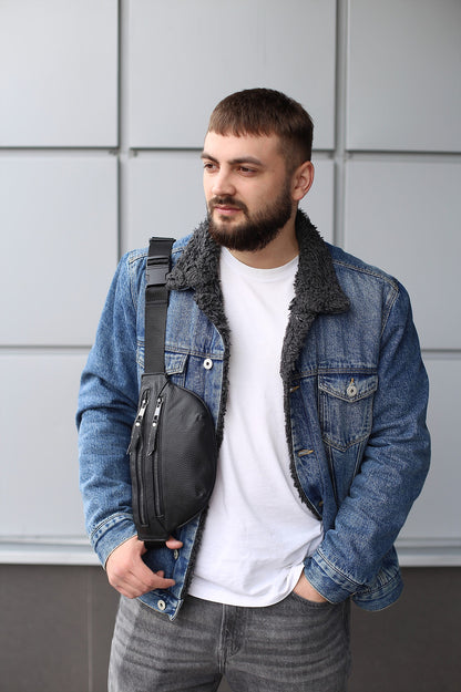 Handmade Mens Black Genuine Leather Waist Bag Banana Bag