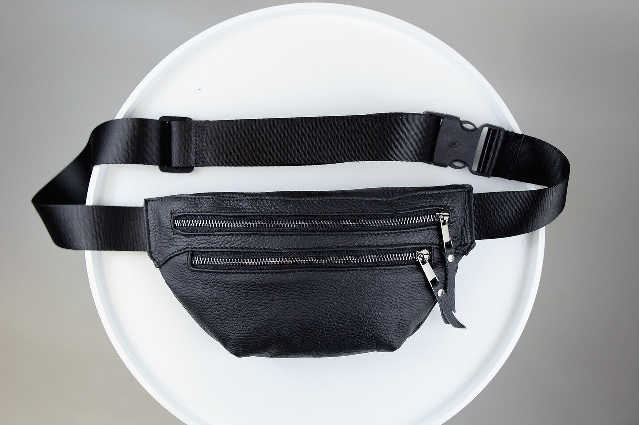 Handmade Mens Black Leather Banana Waist Bag