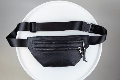 Handmade Mens Black Leather Banana Waist Bag