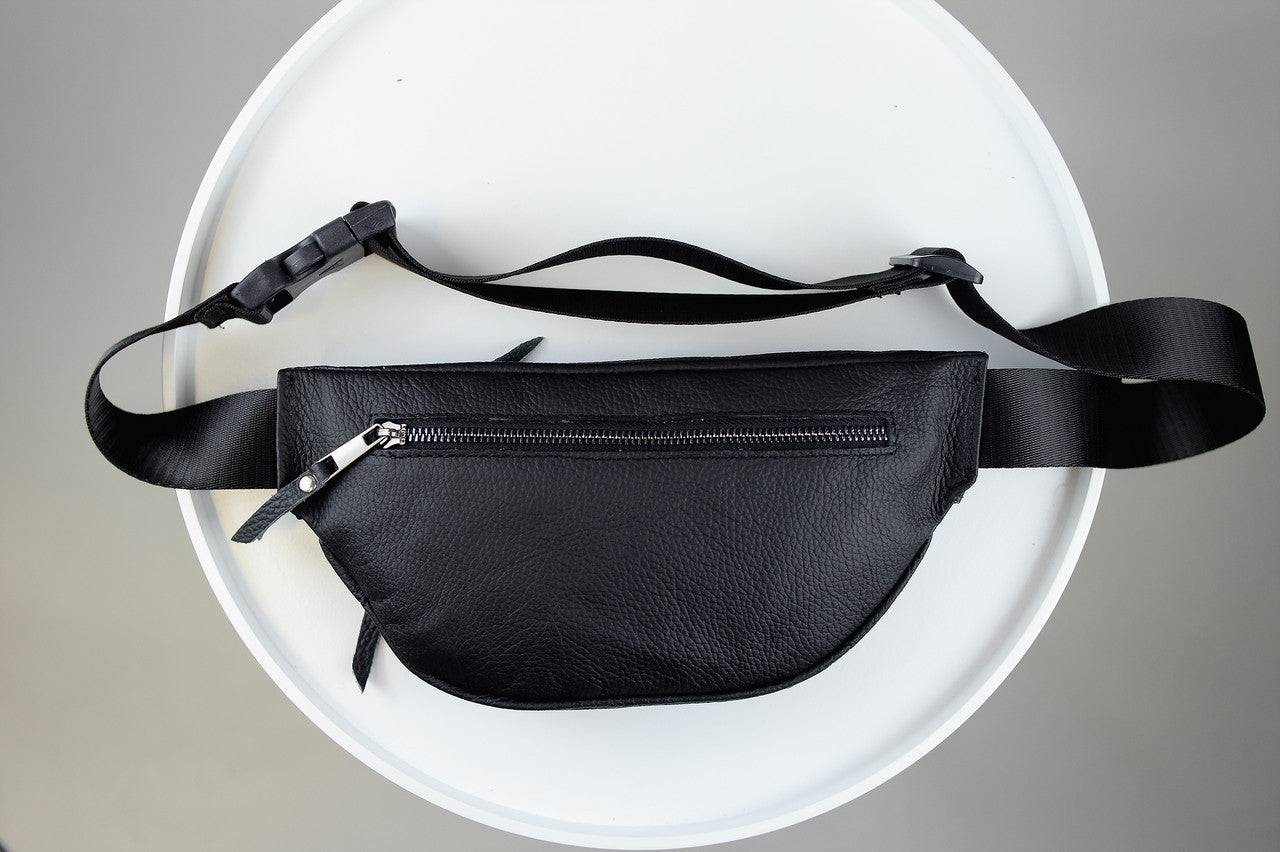Handmade Mens Black Leather Banana Waist Bag