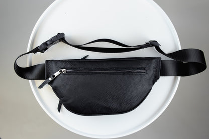 Handmade Mens Black Leather Banana Waist Bag