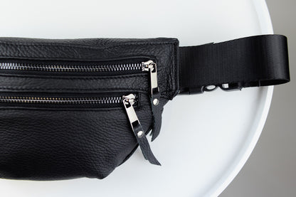 Handmade Mens Black Leather Banana Waist Bag