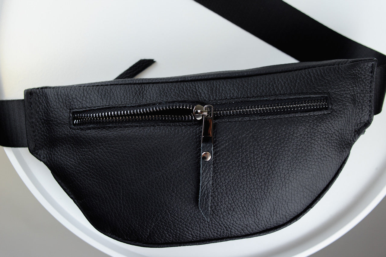 Handmade Mens Black Leather Banana Waist Bag