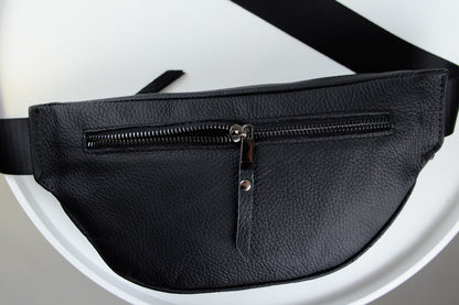 Handmade Mens Black Leather Banana Waist Bag