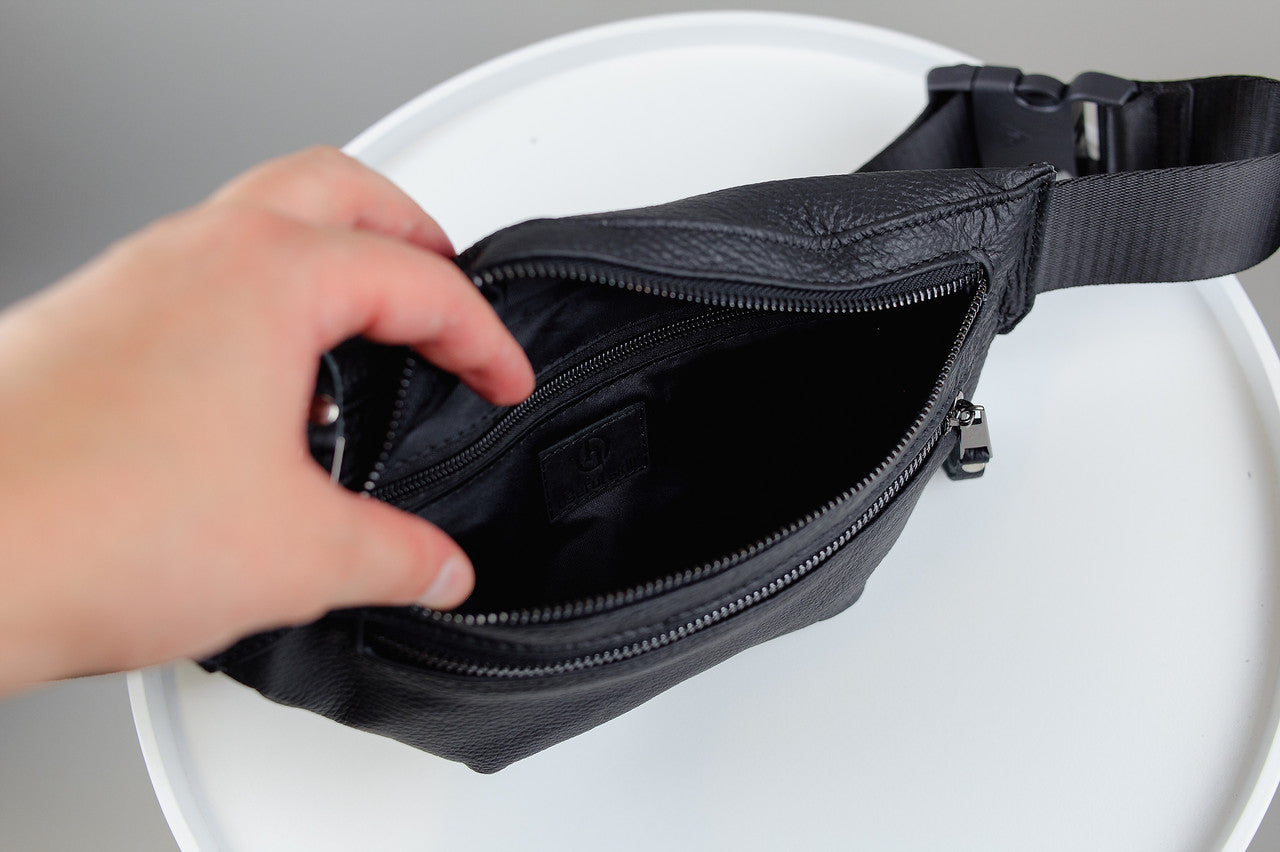 Handmade Mens Black Leather Banana Waist Bag