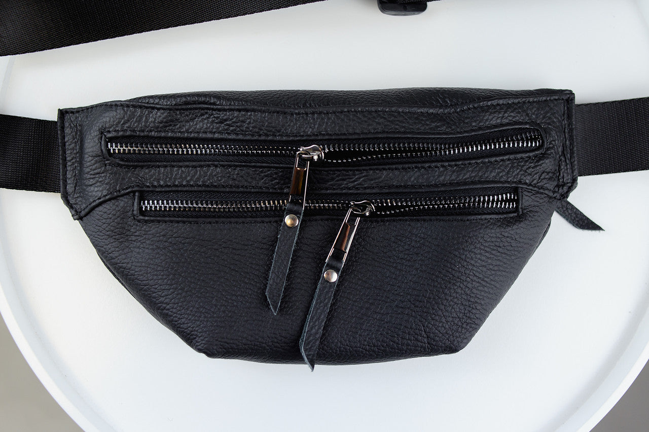 Handmade Mens Black Leather Banana Waist Bag