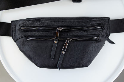 Handmade Mens Black Leather Banana Waist Bag