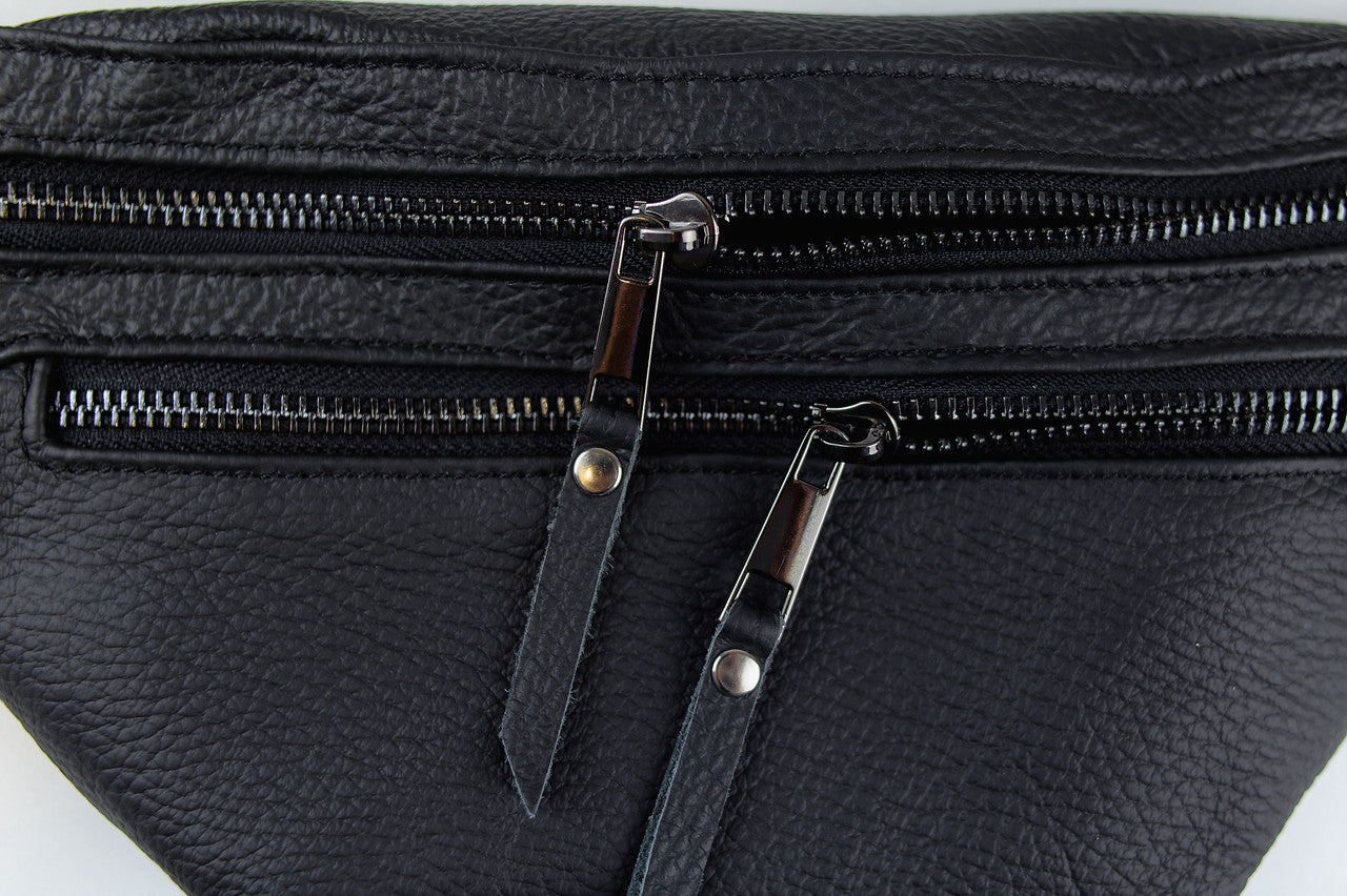 Handmade Mens Black Leather Banana Waist Bag