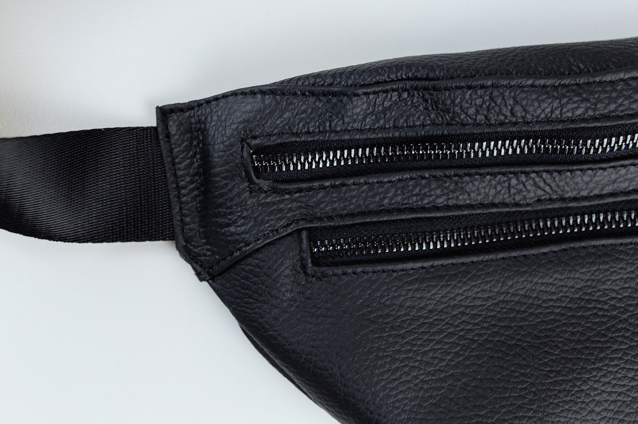 Handmade Mens Black Leather Banana Waist Bag