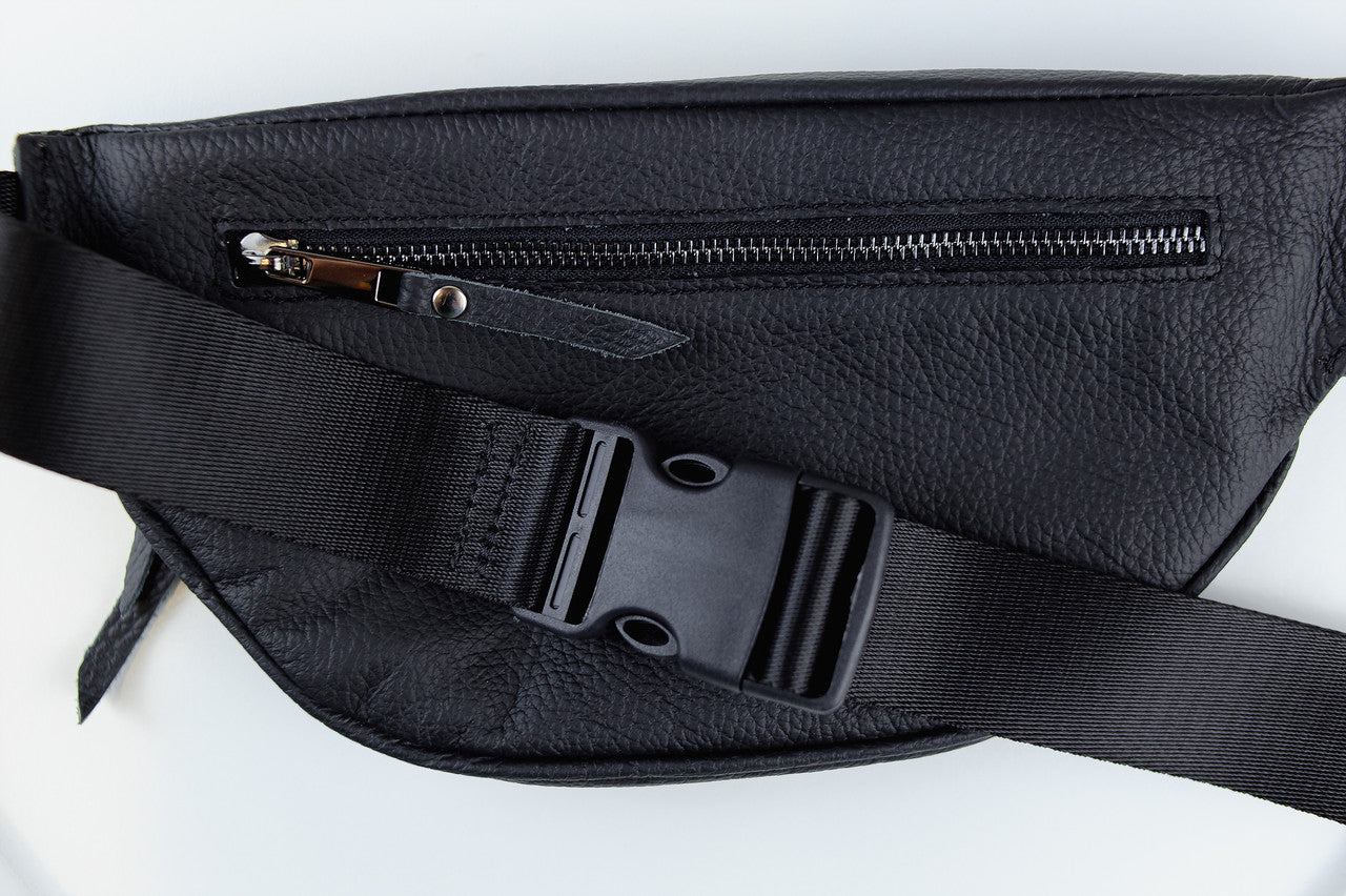 Handmade Mens Black Leather Banana Waist Bag
