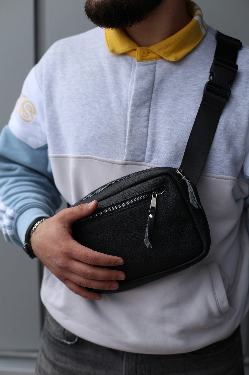 Handmade Mens Genuine Leather Crossbody Bag Black Waist Bag