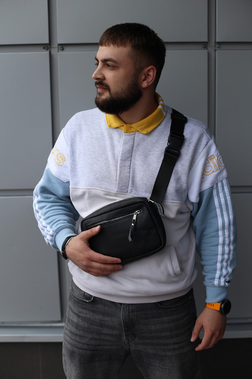 Handmade Mens Genuine Leather Crossbody Bag Black Waist Bag
