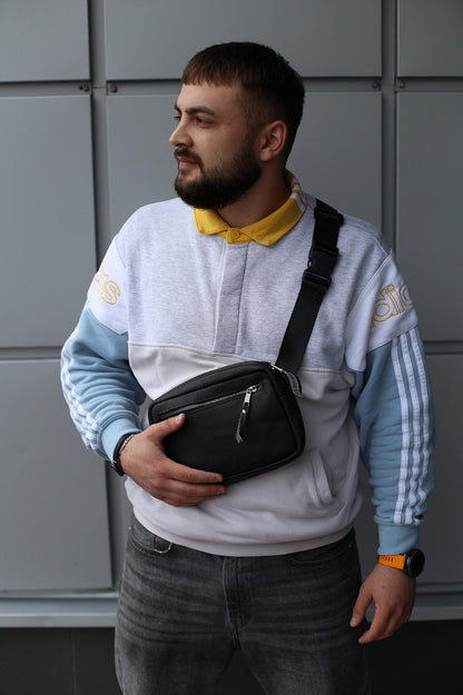 Handmade Mens Genuine Leather Crossbody Bag Black Waist Bag
