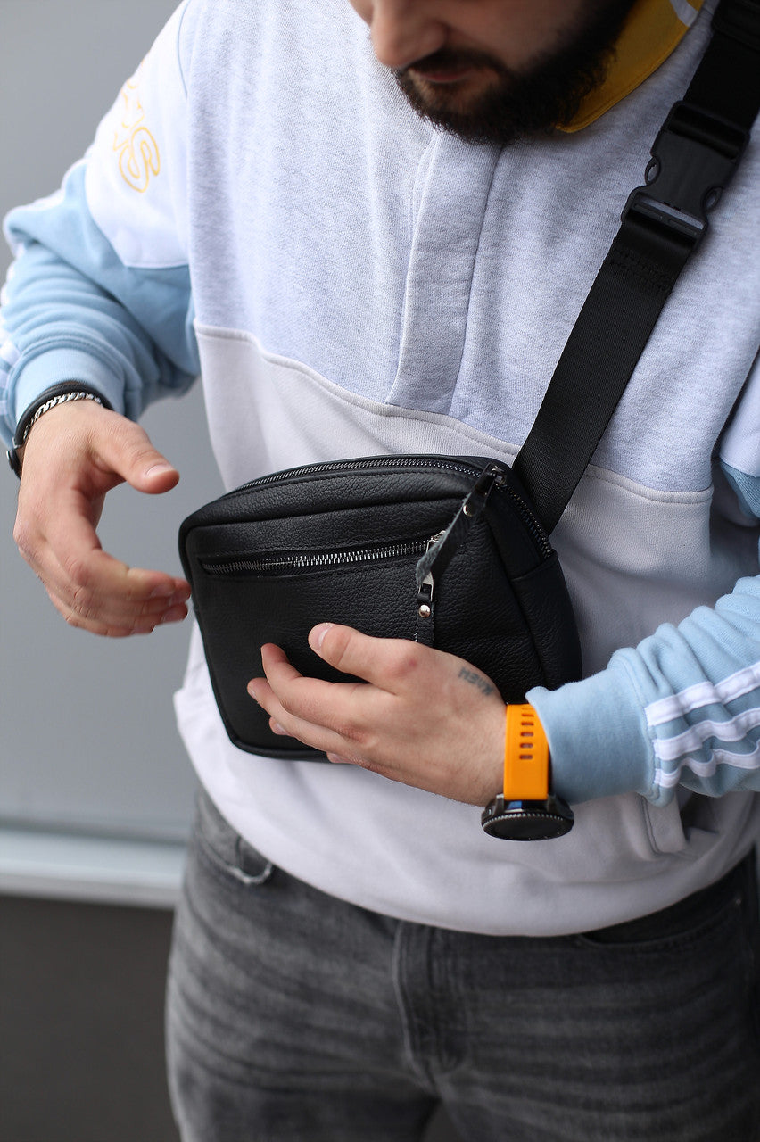 Handmade Mens Genuine Leather Crossbody Bag Black Waist Bag