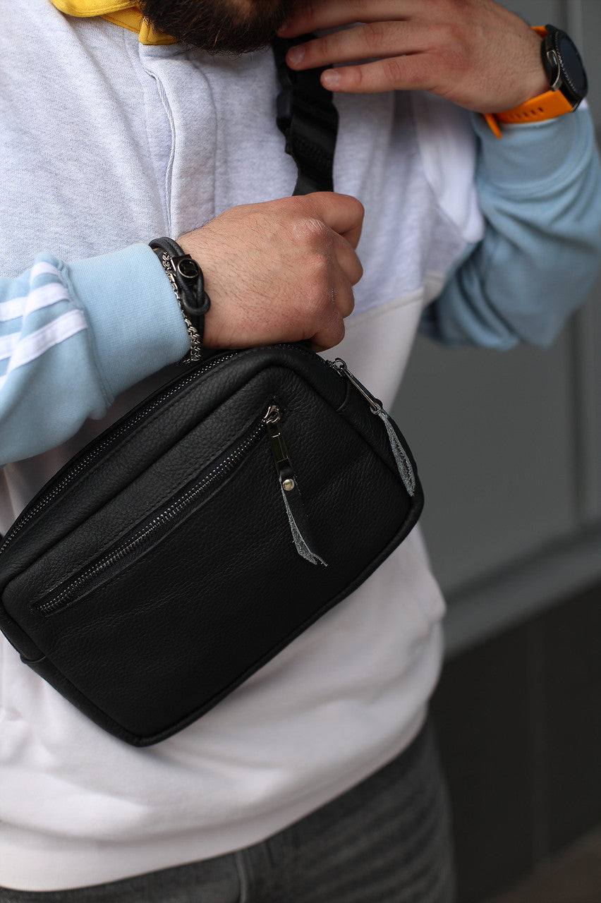 Handmade Mens Genuine Leather Crossbody Bag Black Waist Bag