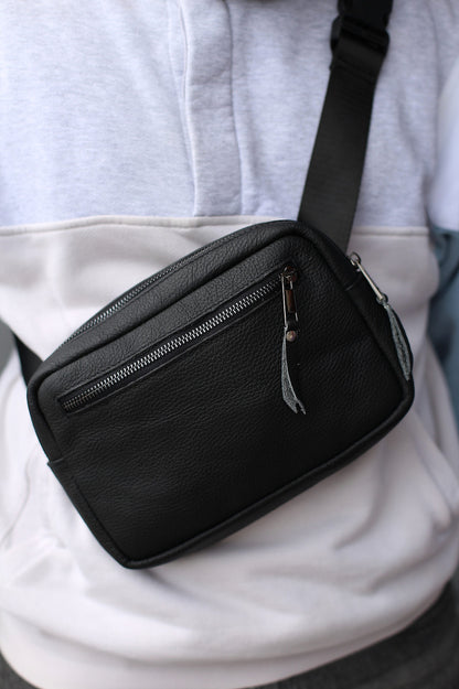 Handmade Mens Genuine Leather Crossbody Bag Black Waist Bag