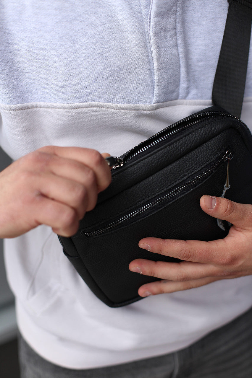 Handmade Mens Genuine Leather Crossbody Bag Black Waist Bag