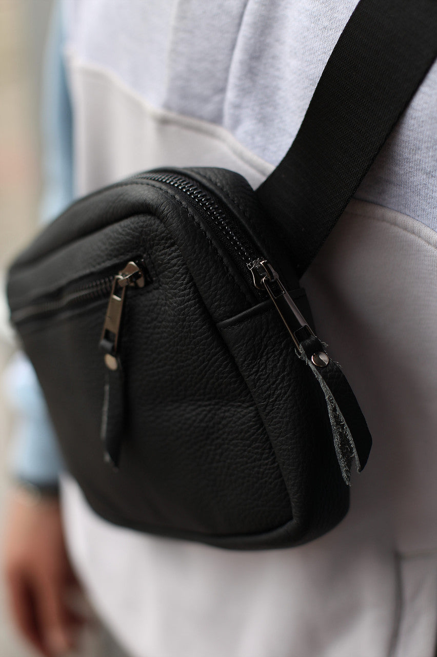 Handmade Mens Genuine Leather Crossbody Bag Black Waist Bag