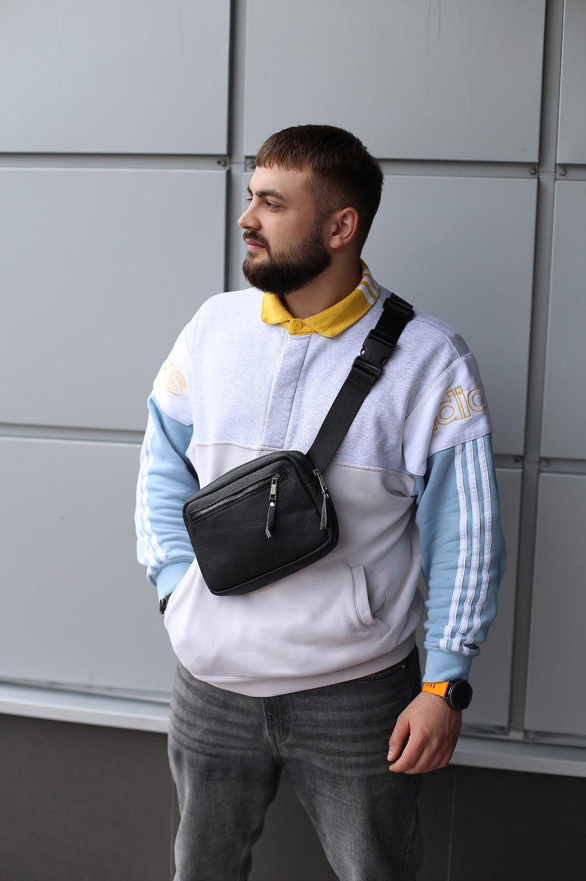 Handmade Mens Genuine Leather Crossbody Bag Black Waist Bag