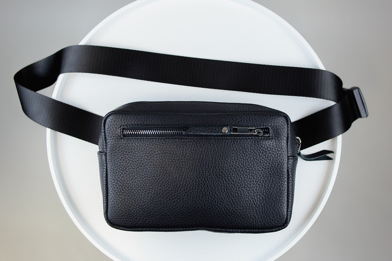 Handmade Mens Leather Crossbody Bag Black Waist Bag