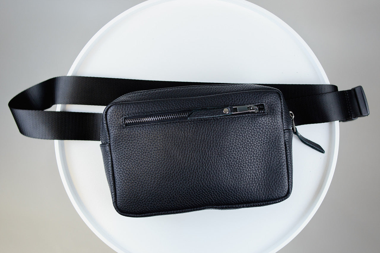 Handmade Mens Leather Crossbody Bag Black Waist Bag