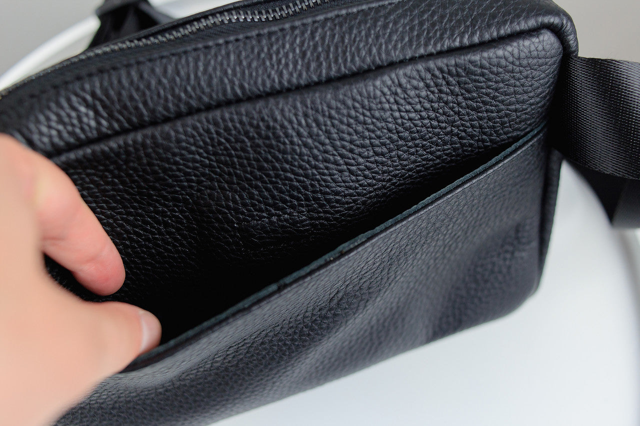 Handmade Mens Leather Crossbody Bag Black Waist Bag