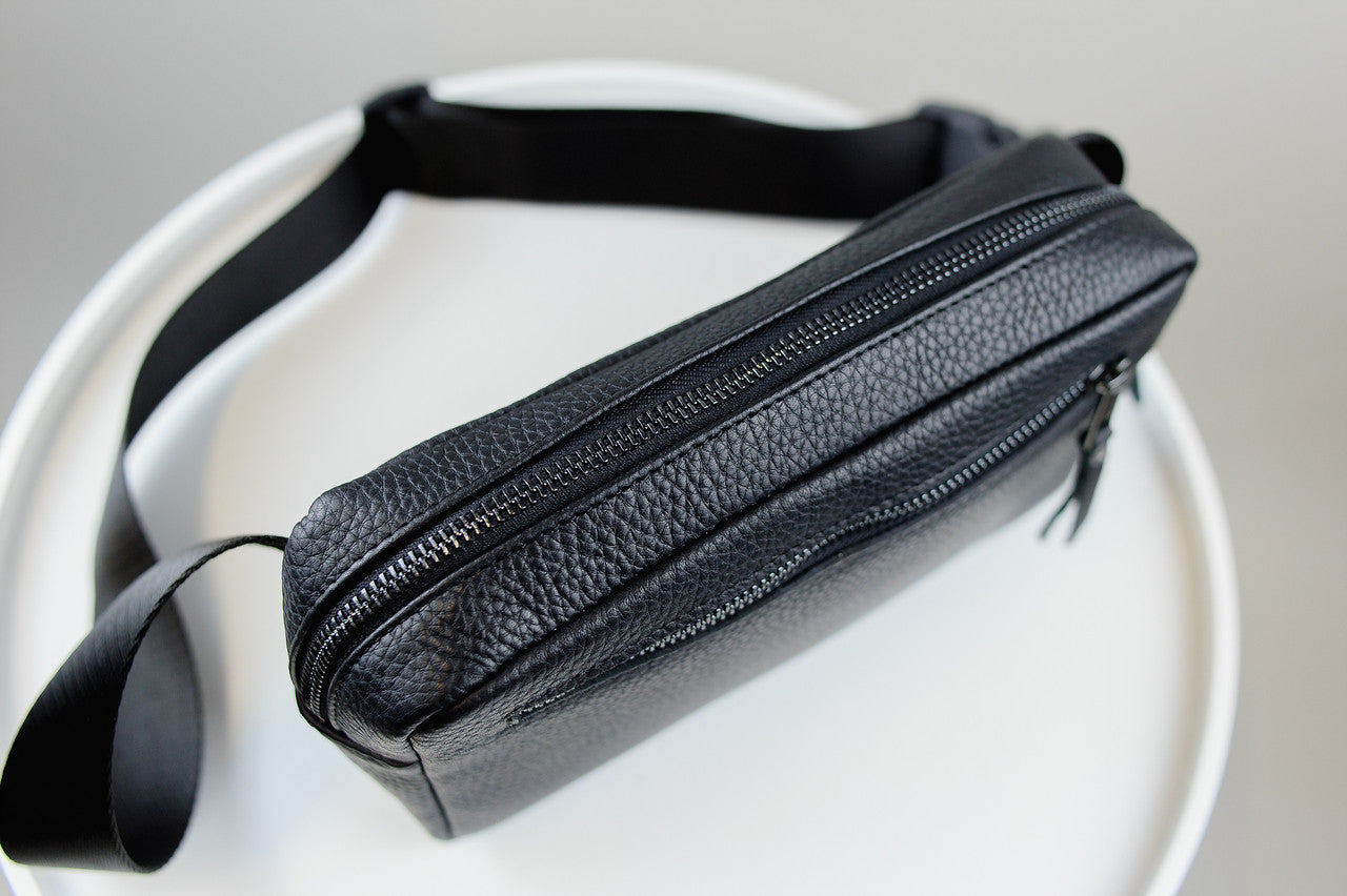 Handmade Mens Leather Crossbody Bag Black Waist Bag