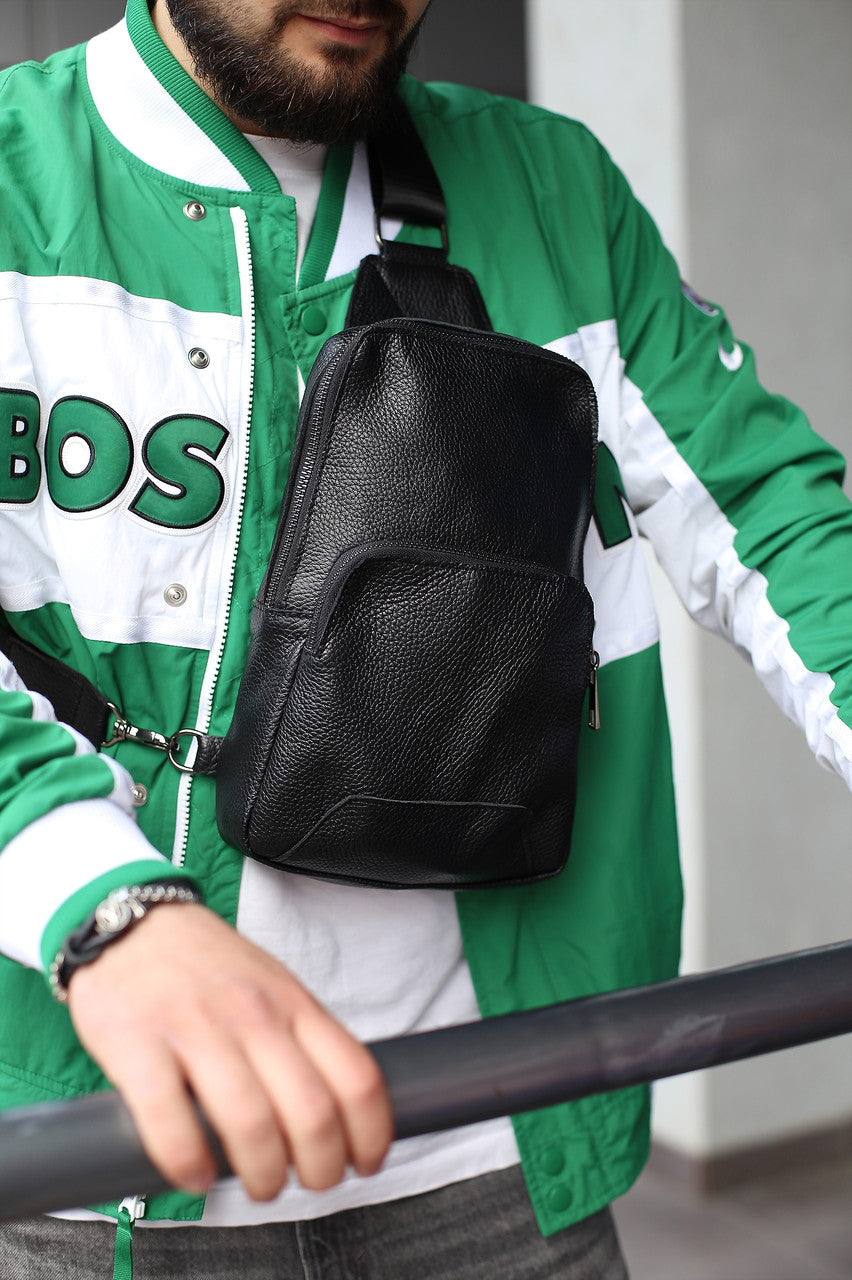 Handmade Mens Black Leather Sling Crossbody Shoulder Bag
