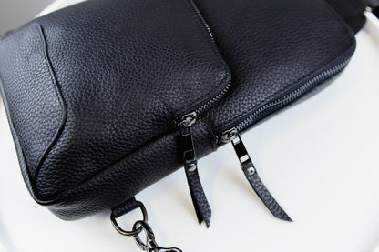 Mens Handmade Genuine Leather Chest Bag Black Leather Sling