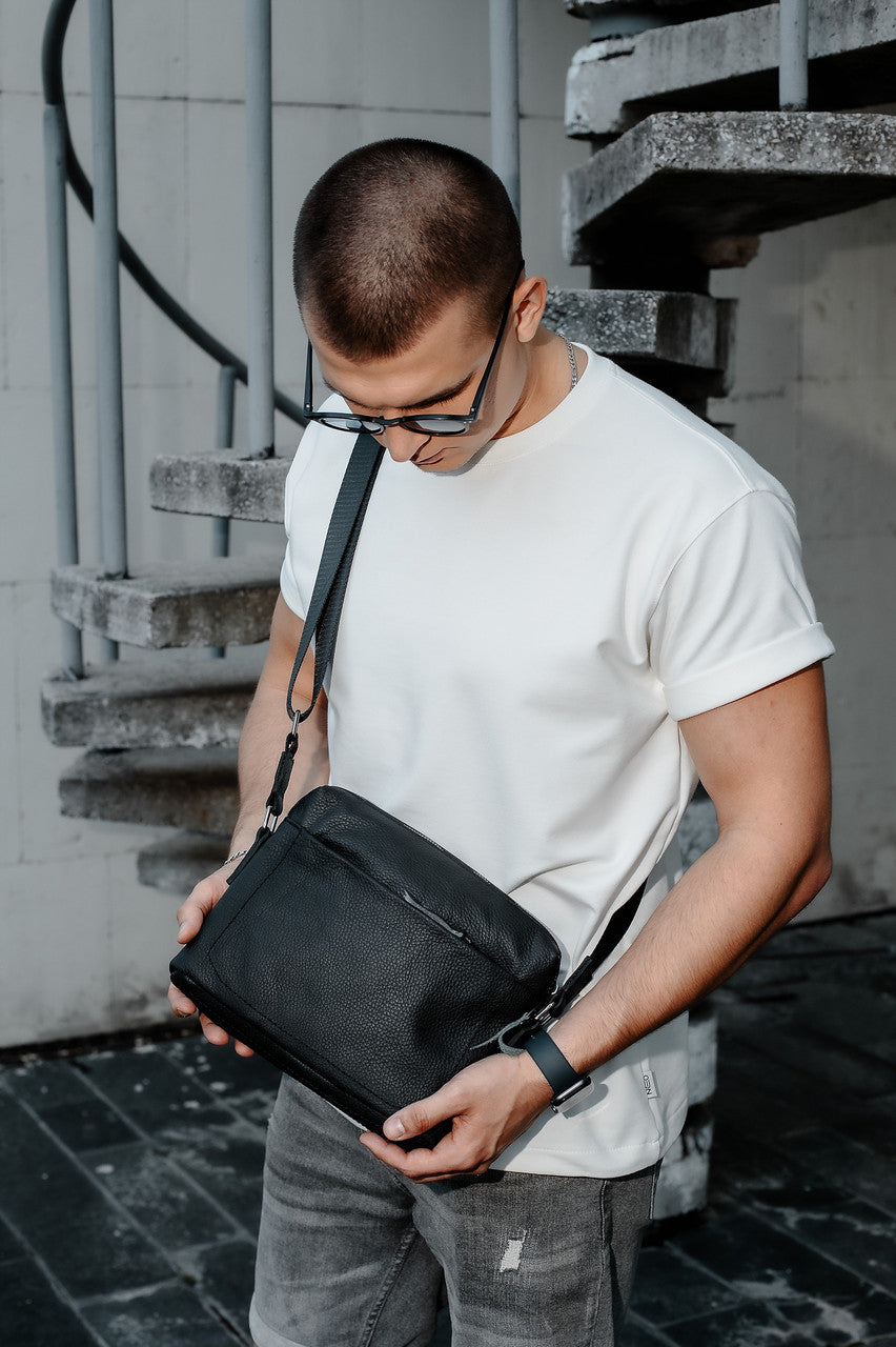 Handmade Mens Leather Messenger Bag Black