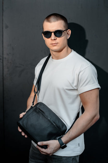Handmade Mens Leather Messenger Bag Black