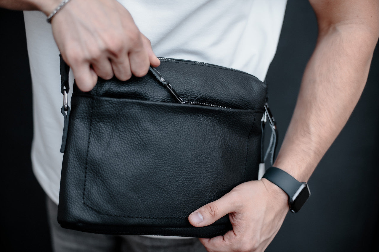 Handmade Mens Leather Crossbody Bag Black Compact Shoulder Bag