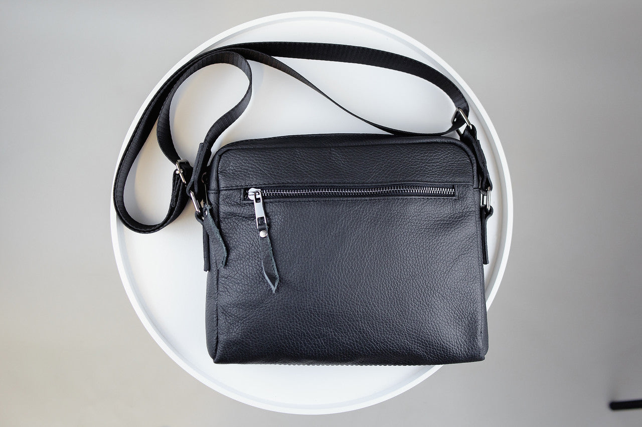 Handmade Mens Leather Crossbody Bag Black Compact Shoulder Bag