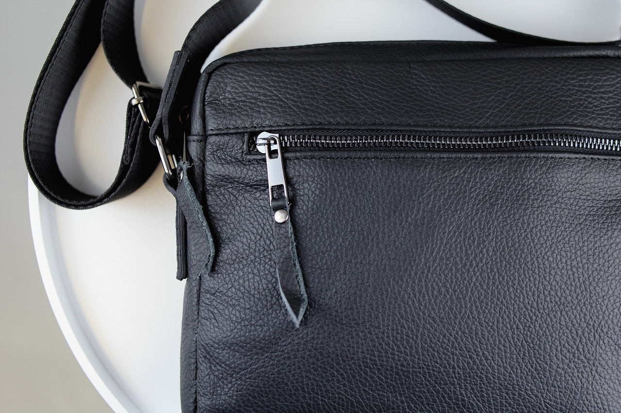 Handmade Mens Leather Crossbody Bag Black Compact Shoulder Bag