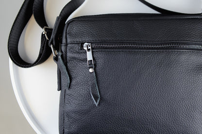 Handmade Mens Leather Crossbody Bag Black Compact Shoulder Bag