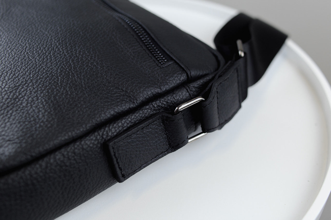 Handmade Mens Leather Crossbody Bag Black Compact Shoulder Bag