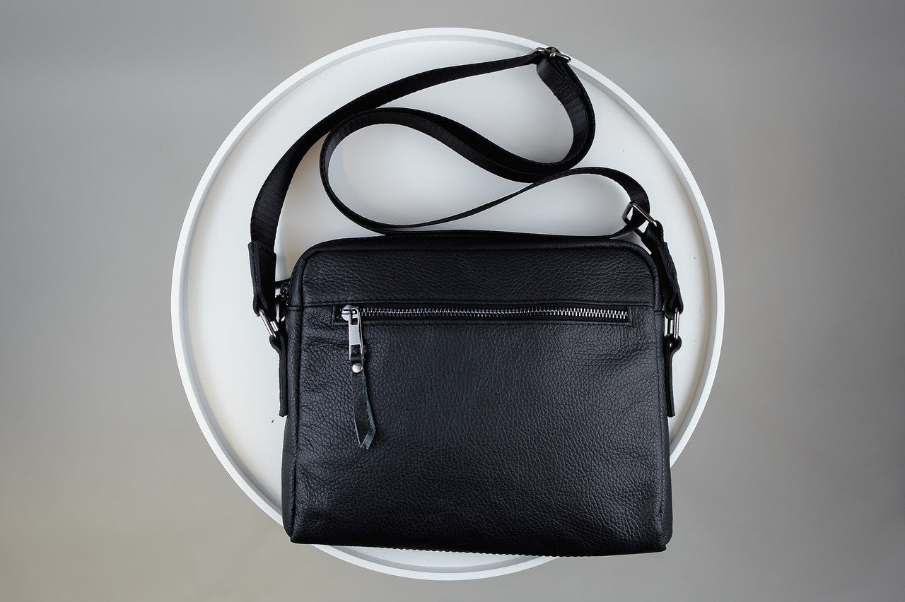 Handmade Mens Leather Crossbody Bag Black Compact Shoulder Bag