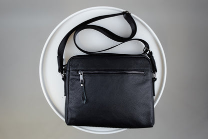 Handmade Mens Leather Crossbody Bag Black Compact Shoulder Bag