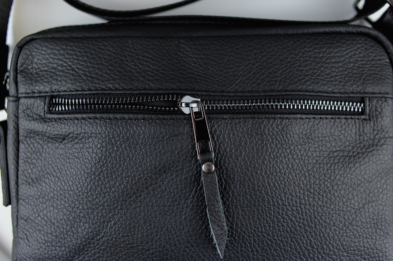 Handmade Mens Leather Crossbody Bag Black Compact Shoulder Bag
