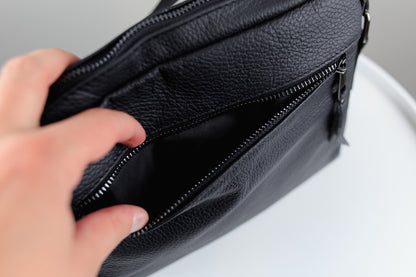 Handmade Mens Leather Crossbody Bag Black Compact Shoulder Bag