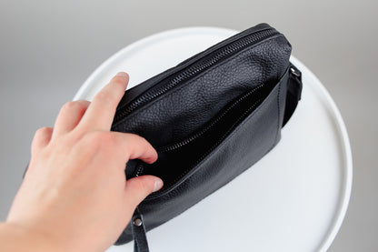 Handmade Mens Leather Crossbody Bag Black Compact Shoulder Bag