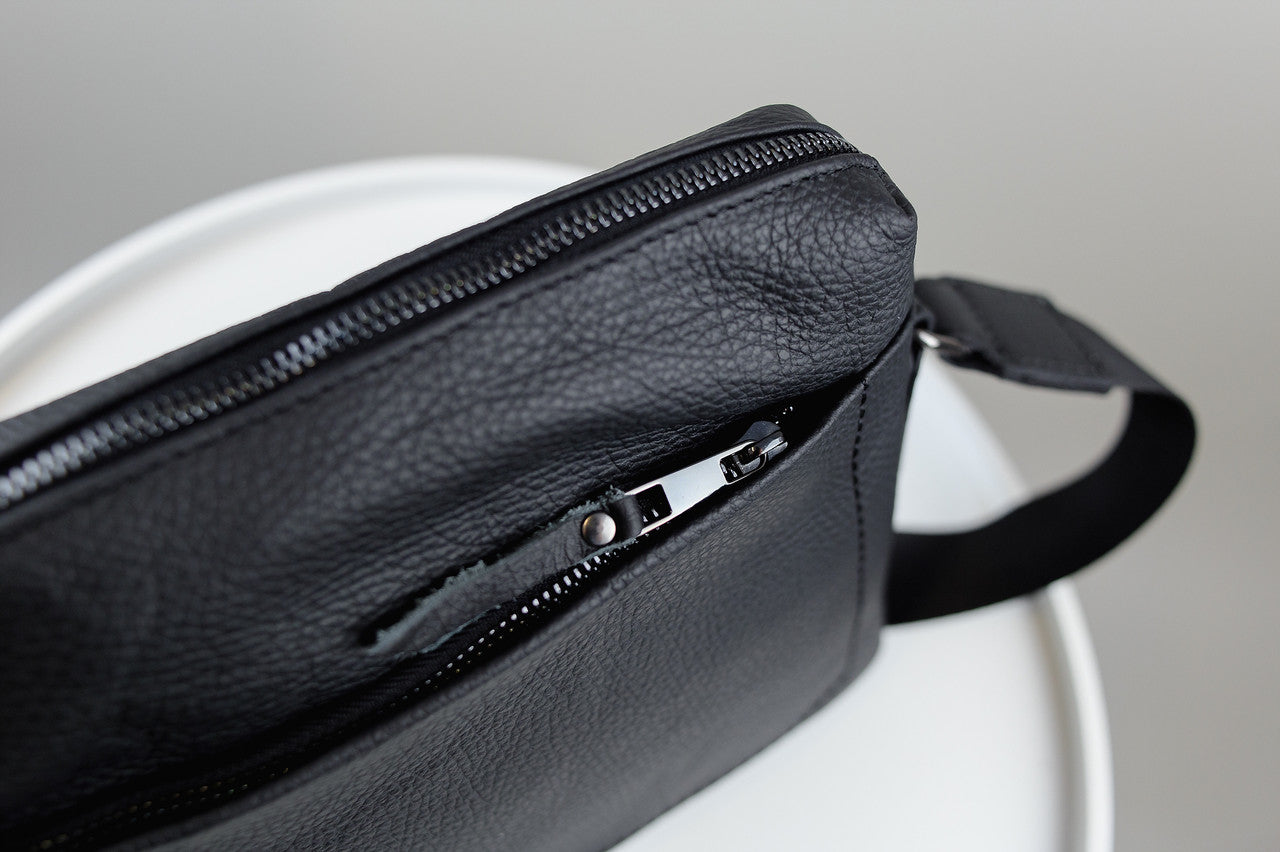 Handmade Mens Leather Crossbody Bag Black Compact Shoulder Bag