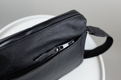 Handmade Mens Leather Crossbody Bag Black Compact Shoulder Bag