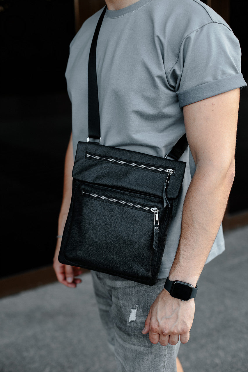 Handmade Mens Messenger Bag Genuine Leather Black Crossbody