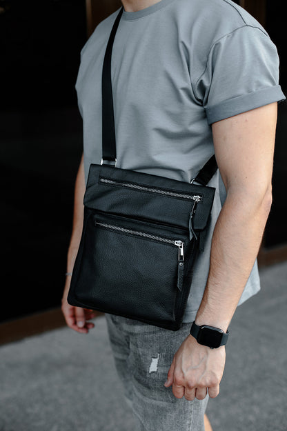 Handmade Mens Messenger Bag Genuine Leather Black Crossbody