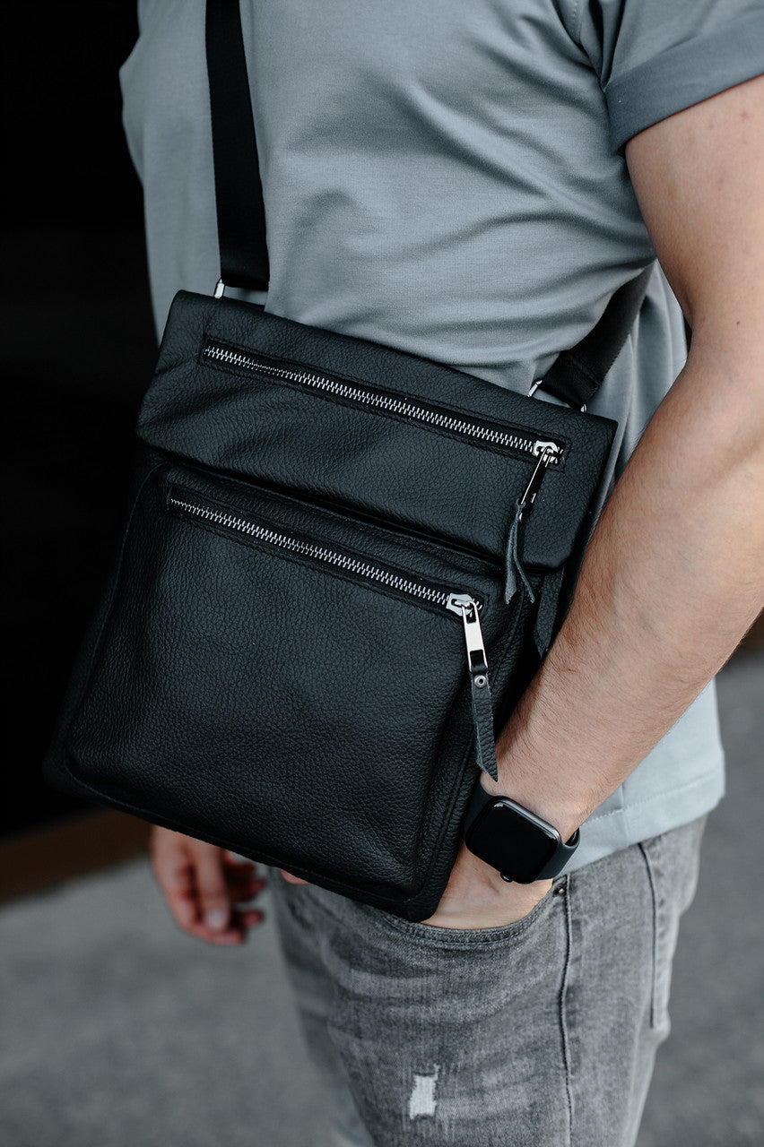 Handmade Mens Messenger Bag Genuine Leather Black Crossbody