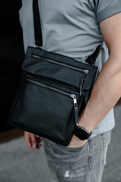 Handmade Mens Messenger Bag Genuine Leather Black Crossbody