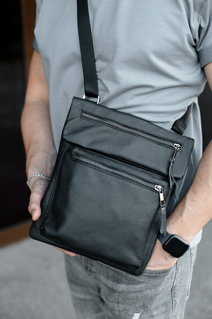 Handmade Mens Messenger Bag Genuine Leather Black Crossbody
