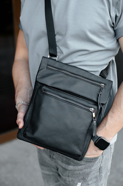 Handmade Mens Messenger Bag Genuine Leather Black Crossbody